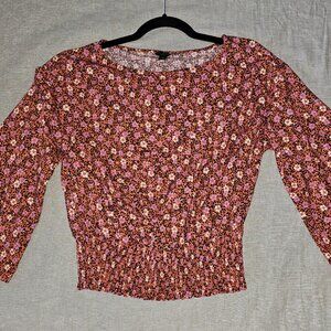 Ann Taylor Petite Medium Floral Smocked Blouse | Rust Pink Bell Sleeve Top
